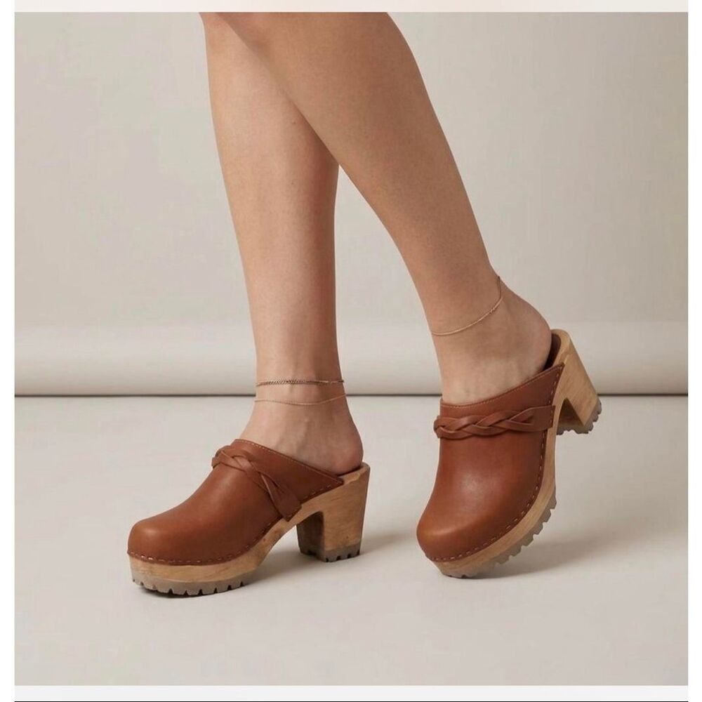 MIA Women’s Elsa Luggage Brown Leather Braid Swedish Heeled Clogs - Picture 14 of 14